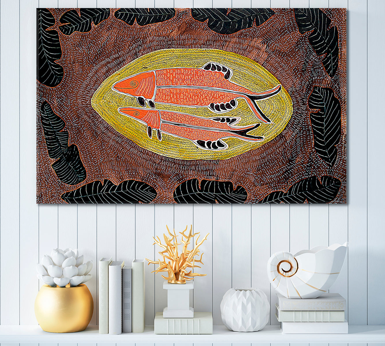 ARTIST'S MASTERPIECE Fish Abstract Modern Boho African Motifs Pattern Contemporary Art Artesty 1 panel 24" x 16" 