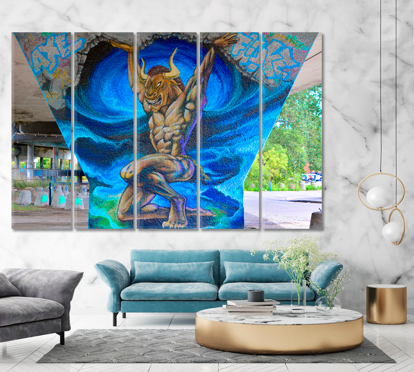 MONTREAL MINOTAUR Street Art Montreal Canada Vibrant Graffiti Canvas Print Street Art Canvas Print Artesty 5 panels 36" x 24" 