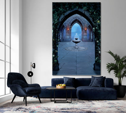 ARCHED VAULT AND FOUNTAIN Font Medieval Castle at Night Urban | Vertical Photo Art Artesty   