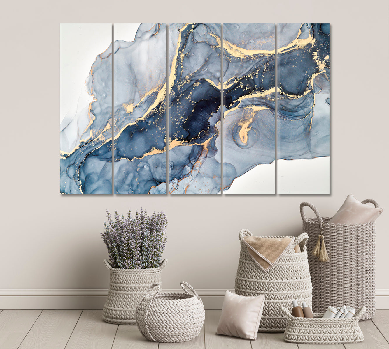 Gray Marble Clouds Oriental Art Contemporary Style Fluid Art, Oriental Marbling Canvas Print Artesty 5 panels 36" x 24" 