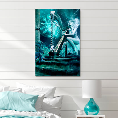 Fairy Harp Music Night Fantasy Scenery with a Girl Playing Harp Canvas Print - Vertical Surreal Fantasy Large Art Print Décor Artesty   