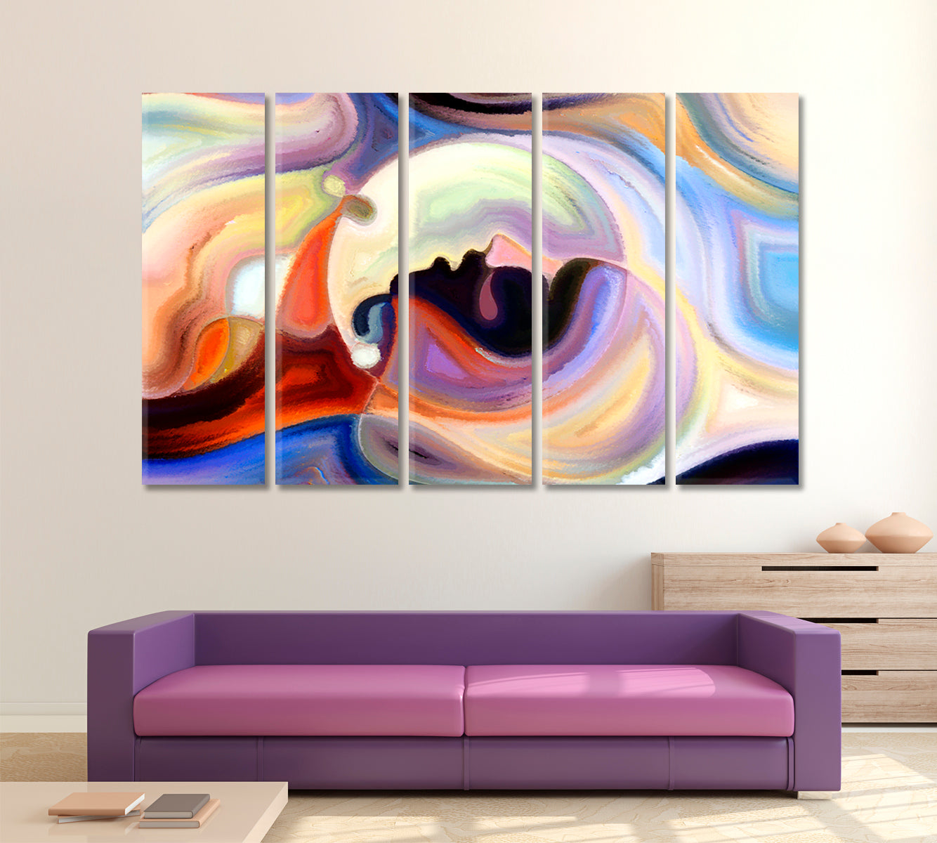 Human and Colorful Shapes Metaphorical Abstraction Contemporary Art Artesty 5 panels 36" x 24" 