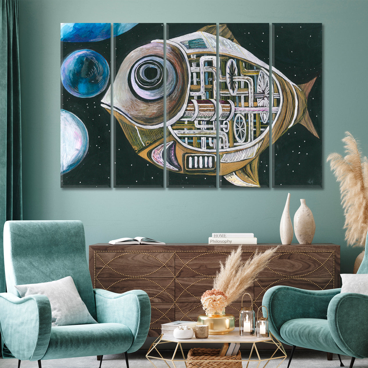 Big Space Mechanical Fish Surreal Abstract Steampunk Style Contemporary Art Artesty 5 panels 36" x 24" 