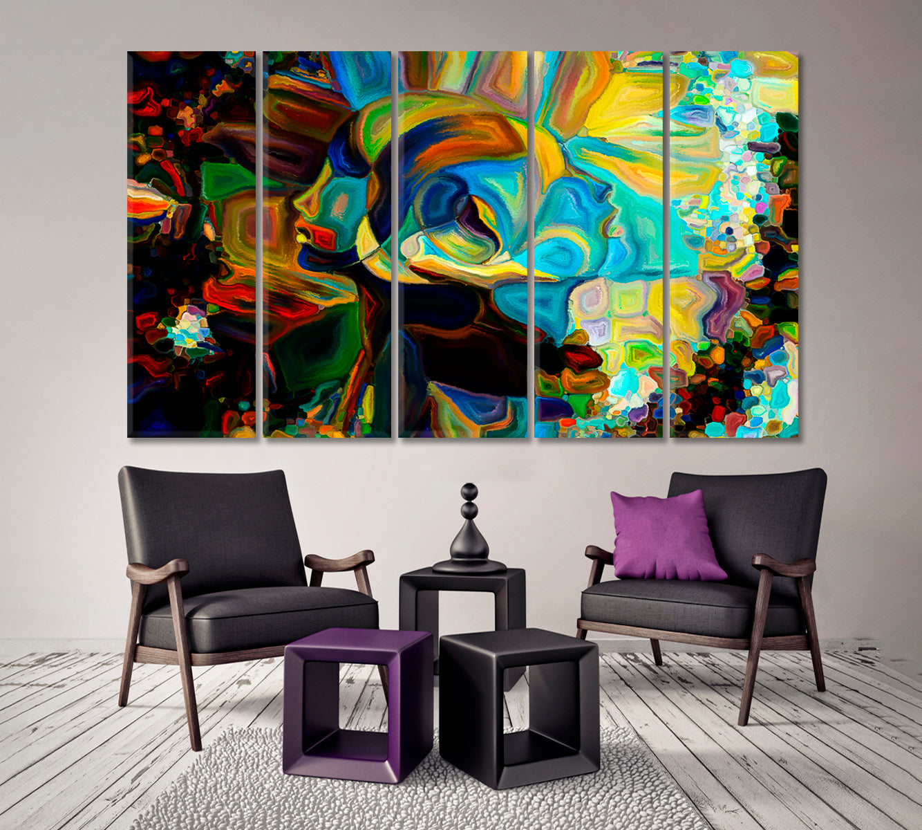 Peaceful Coexistence in Colors and Shapes Abstract Art Print Artesty 5 panels 36" x 24" 