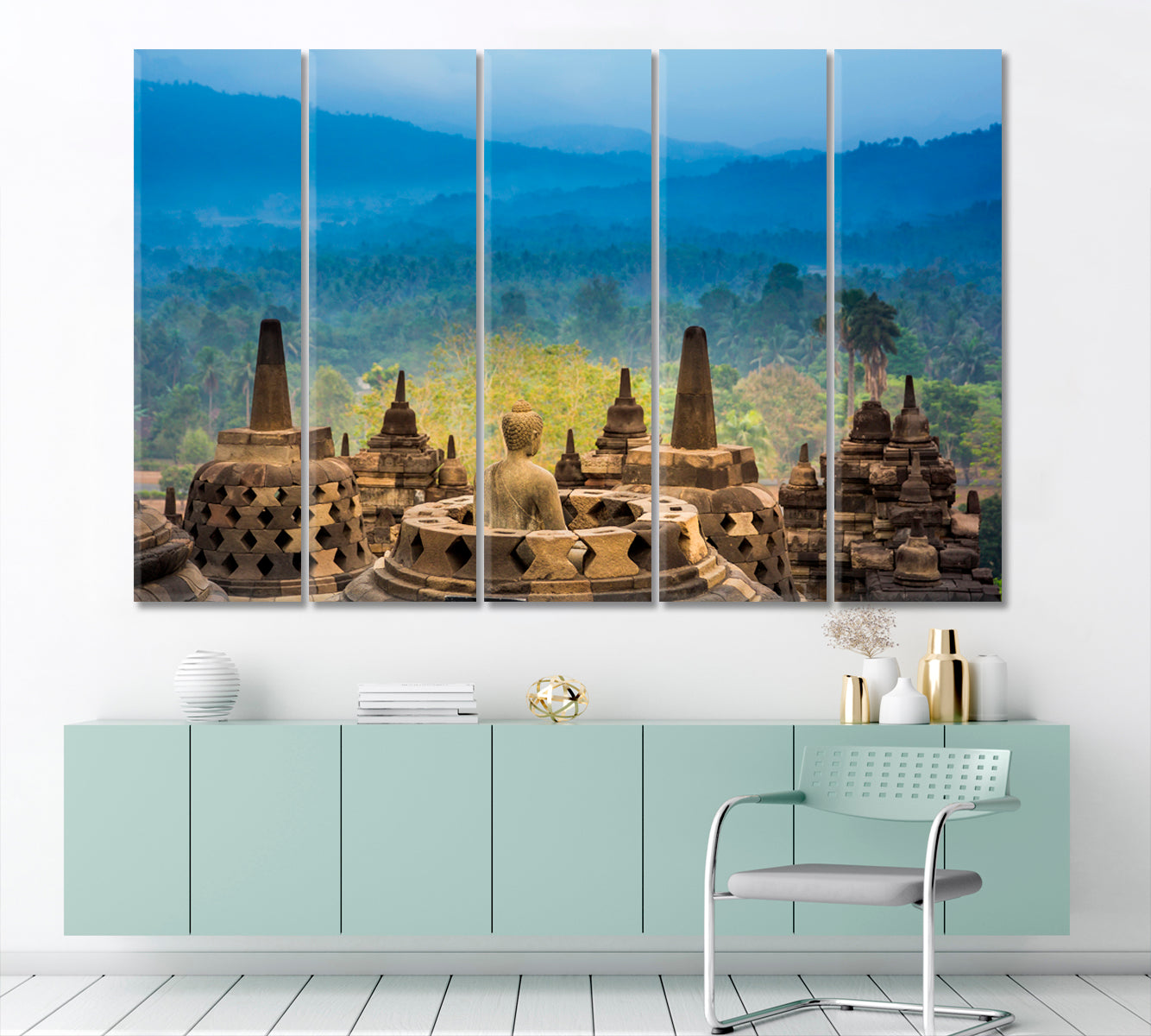 Borobudur Temple Yogyakarta Java Indonesia Ancient Architecture Statue Scenery Landscape Fine Art Print Artesty 5 panels 36" x 24" 