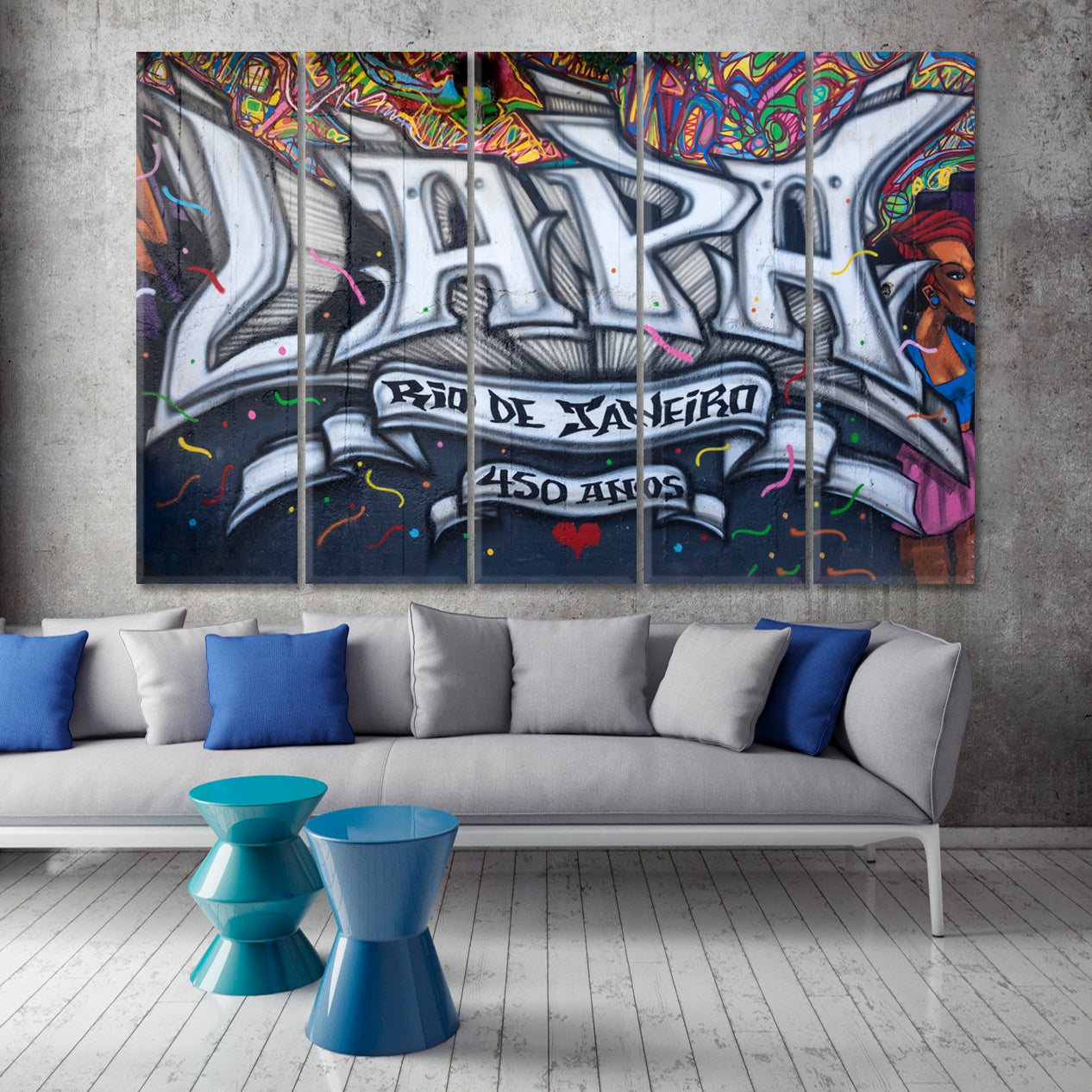 Famous Street Art Bohemian Neighborhood Lapa Rio de Janeiro Graffiti Street Art Canvas Print Artesty 5 panels 36" x 24" 