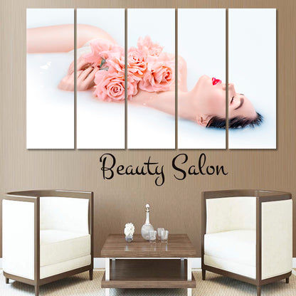 SPA AND SKINCARE ART Pink Rose Flower Milk Bath Spa, Zen Wall Canvas Art Artesty 5 panels 36" x 24" 