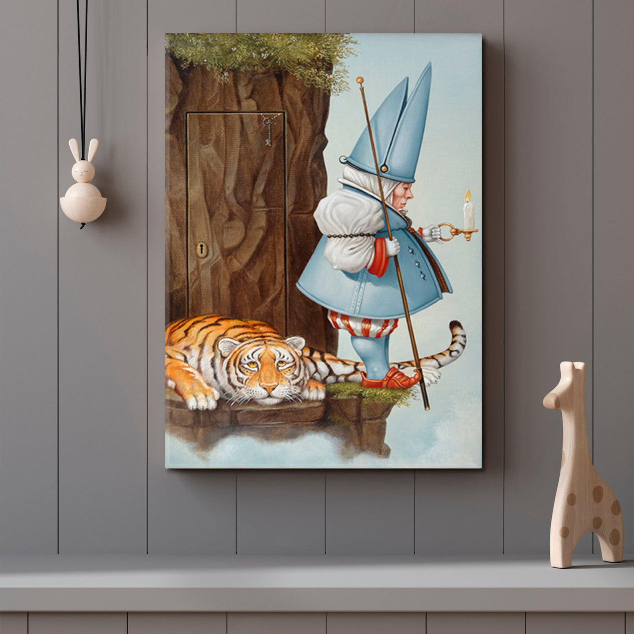 SECRET DOOR Gnome With Candle & Tiger Surrealistic Painting Surreal Fantasy Large Art Print Décor Artesty   