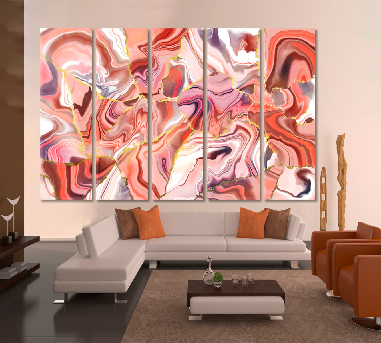 Coral Peachy Beige Mix Abstract Wavy Forms Fractal Futuristic Pattern Contemporary Art Artesty 5 panels 36" x 24" 
