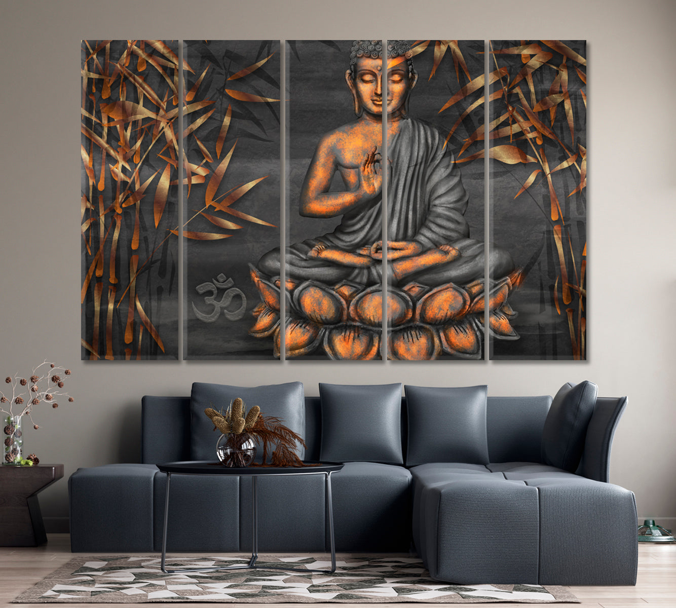 Golden Buddha Lotus Pose Om Symbol Bamboo Religious Modern Art Artesty 5 panels 36" x 24" 