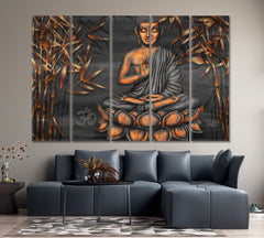 Golden Buddha Lotus Pose Om Symbol Bamboo Religious Modern Art Artesty 5 panels 36" x 24" 