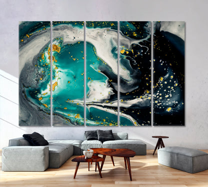 TURQUOISE DARK GRAY Metallic Steel Effect Abstract Pour Marble Liquid Fluid Art, Oriental Marbling Canvas Print Artesty 5 panels 36" x 24" 