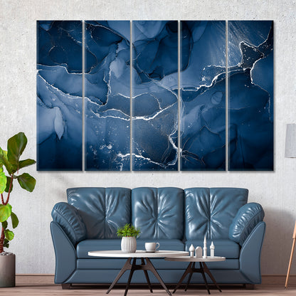 Beautiful Dark Blue Trendy Ink Translucent Marble Veining Powder Fluid Art, Oriental Marbling Canvas Print Artesty   