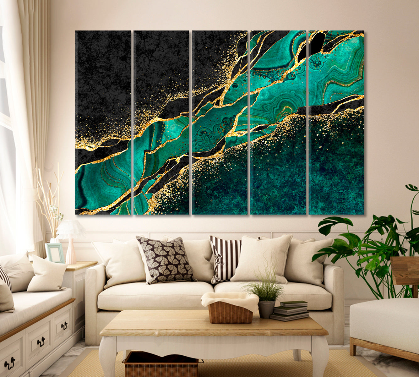 Green Malachite | Luxury Abstract Marble With Golden Veins Giclée Print Fluid Art, Oriental Marbling Canvas Print Artesty 5 panels 36" x 24" 