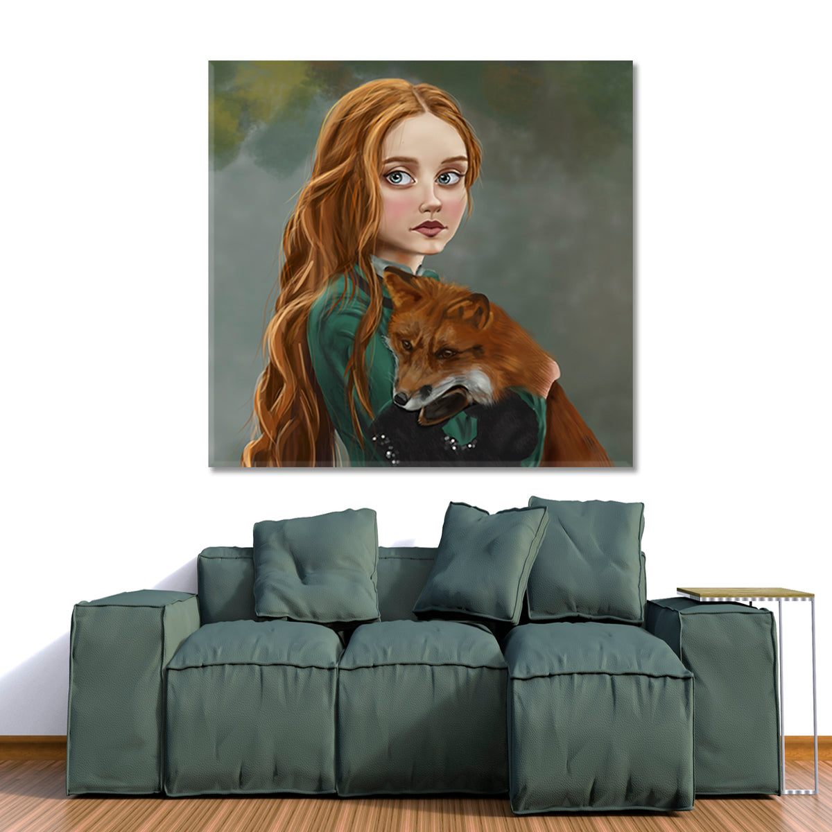 RED FOX GINGER STORY Girl Red Hair Lady Green Dress Surreal Fairy Tale Kids Room Canvas Art Print Artesty 1 Panel 12"x12" 