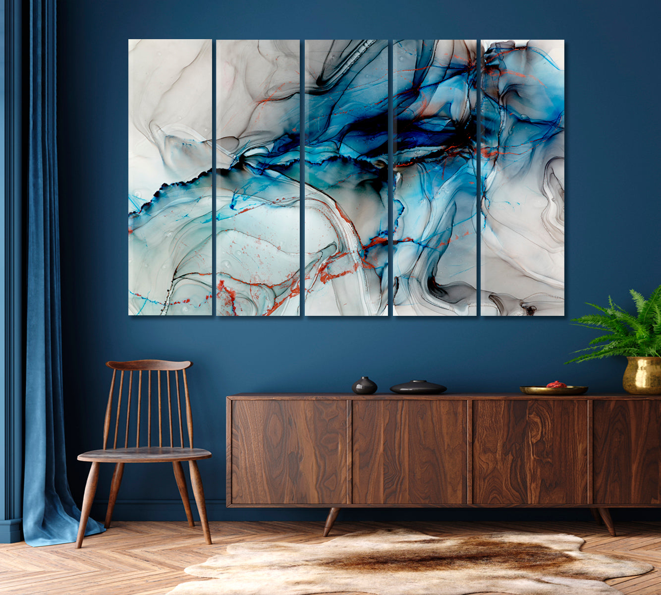 Smoky Alcohol Ink Art Modern Abstract Transparent Gray Blue Marble Fluid Art, Oriental Marbling Canvas Print Artesty 5 panels 36" x 24" 