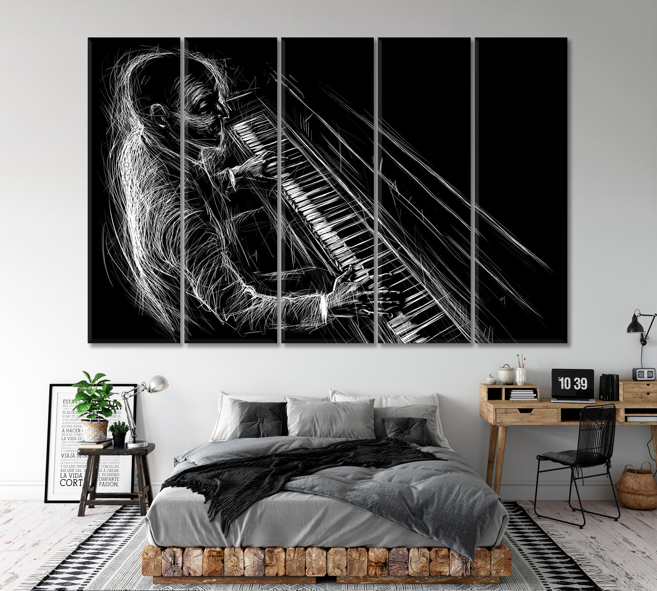 PIANO BLUES Pianist Grunge Style B & W Modern Abstract Music Wall Panels Artesty 5 panels 36" x 24" 