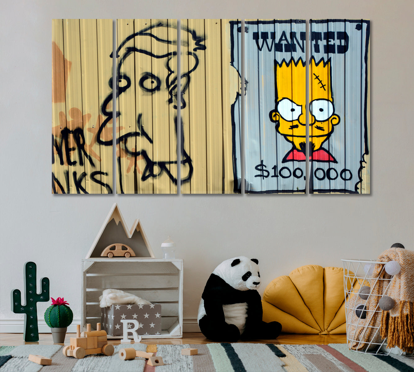 LOOKING FOR A STREET ART Urban Graffiti Bart Simpson Wanted! Montreal Canada Whimsical Canvas Print Street Art Canvas Print Artesty 5 panels 36" x 24" 