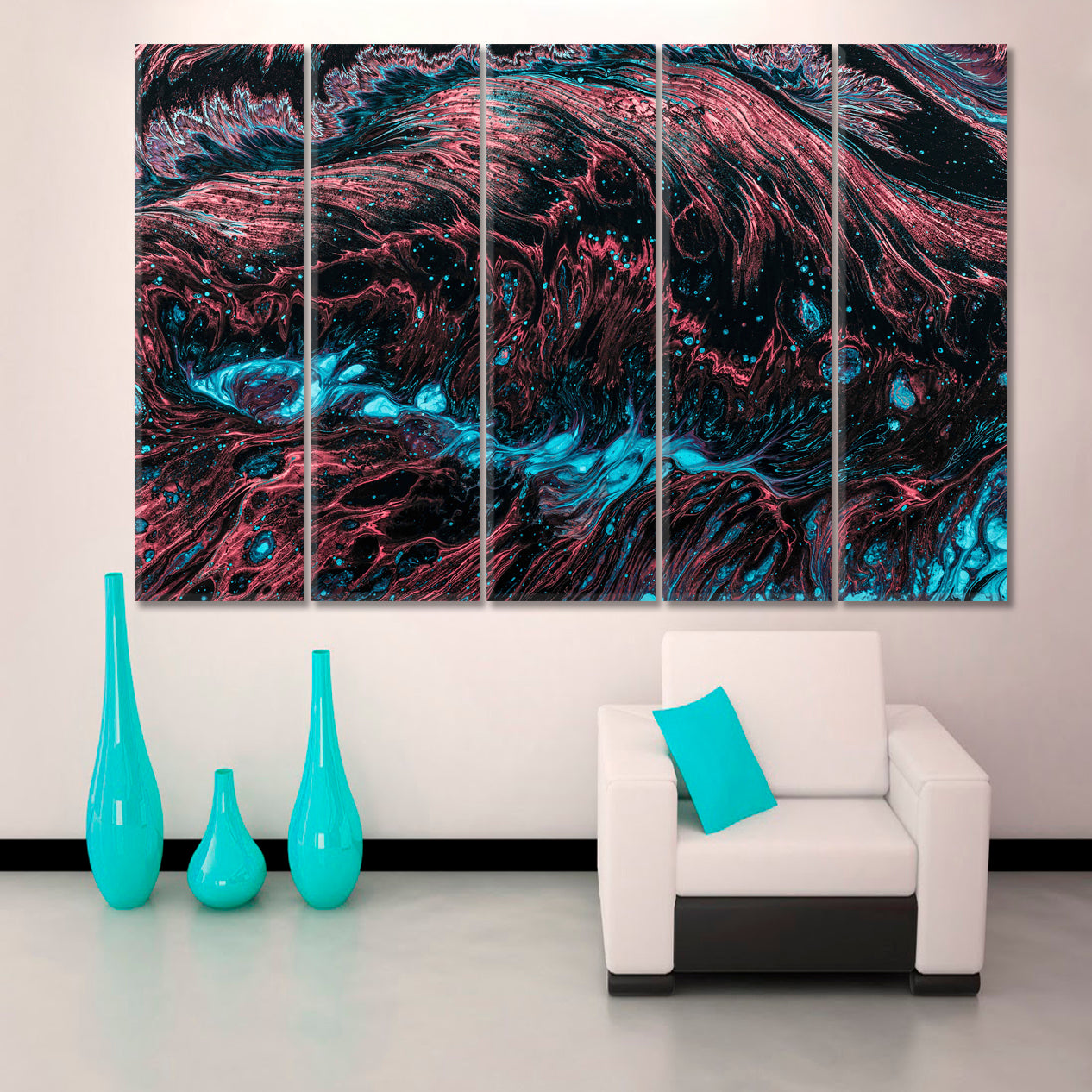 FRACTAL Turquoise Coral Black Abstract Creative Pattern Abstract Art Print Artesty 5 panels 36" x 24" 