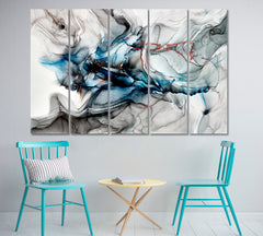 Gray Blue Marble Translucent Waves Free-flowing Smok Fluid Art, Oriental Marbling Canvas Print Artesty 5 panels 36" x 24" 