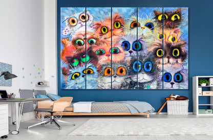 KIDS ROOM CONCEPT Funny Cats Big Eyes Whimsical Animals Canvas Print Animals Canvas Print Artesty 5 panels 36" x 24" 