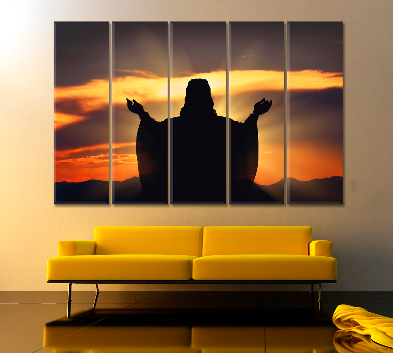 BELIEVE HOPE LOVE Silhouette Jesus Sunset Religious Modern Art Artesty 5 panels 36" x 24" 