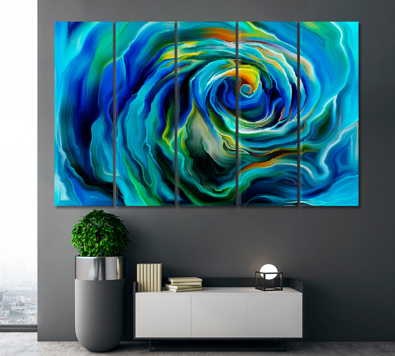 Bright Blue Trendy Abstract Swirls Giclee Contemporary Art Artesty 5 panels 36" x 24" 