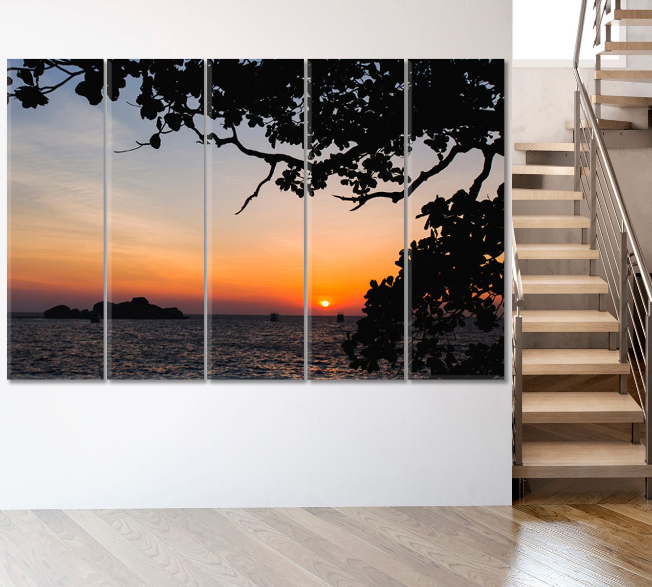 Bright Red Sunset Tropical Island Coast in Indian Ocean Landscape Scenery Landscape Fine Art Print Artesty 5 panels 36" x 24" 