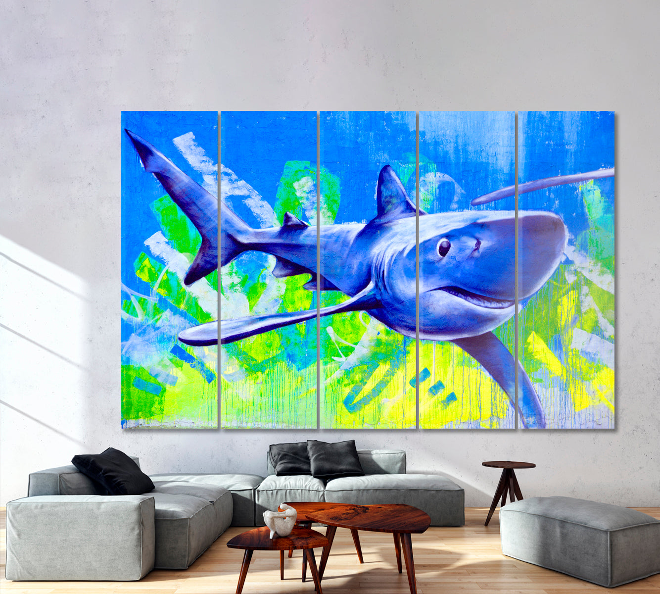 SHARK San Diego CA USA Street Art Abstract Vibrant Graffiti Canvas Print Animals Canvas Print Artesty 5 panels 36" x 24" 