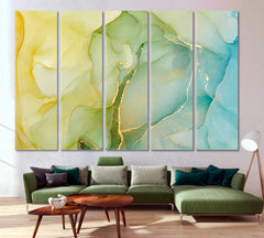 Yellow Green Blue Mixing Ink Colors Marble Pattern Fluid Art, Oriental Marbling Canvas Print Artesty 5 panels 36" x 24" 