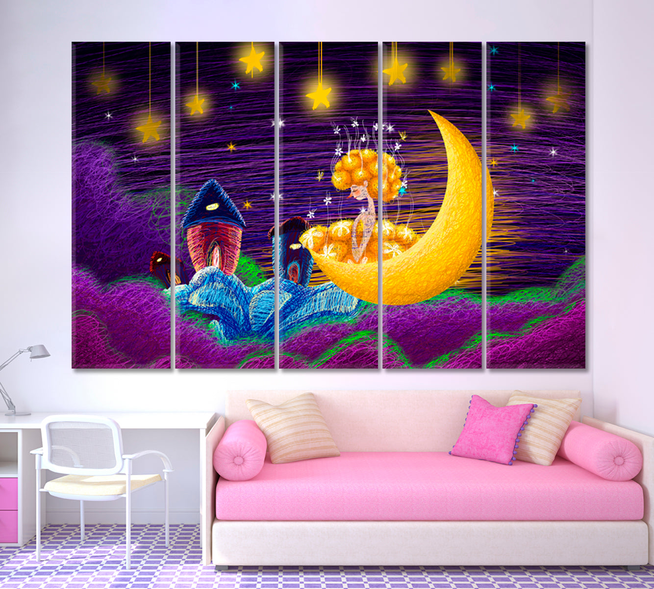 Night Fairy-tale Children's Room Wall Art Canvas Print Kids Room Canvas Art Print Artesty 5 panels 36" x 24" 