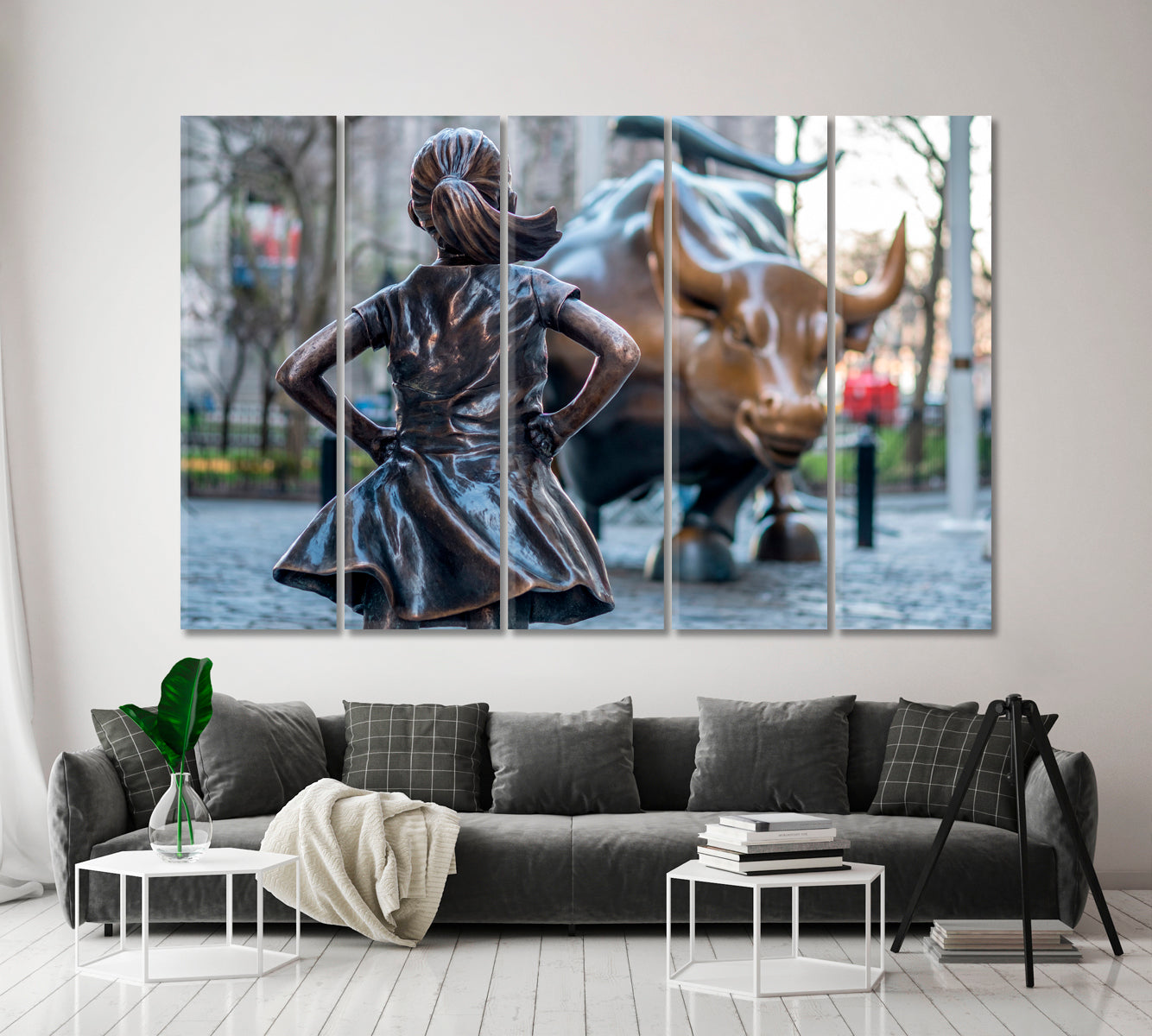 The Fearless Girl and Charging Bull New York City Manhattan NY USA Famous Landmarks Artwork Print Artesty 5 panels 36" x 24" 