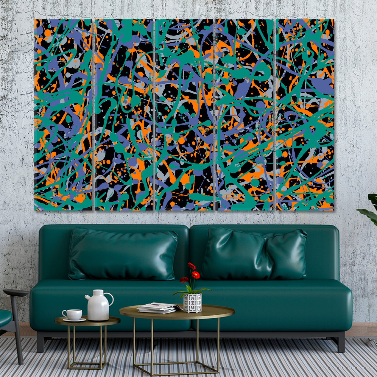 COLLAGE Splattered Colors Turquoise Orange Violet Abstract Art Print Artesty 5 panels 36" x 24" 