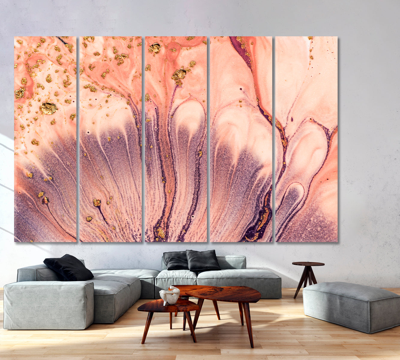 PEARL Pale Pink Powder And Lavender Purple With Gold Marble Pattern Fluid Art, Oriental Marbling Canvas Print Artesty 5 panels 36" x 24" 