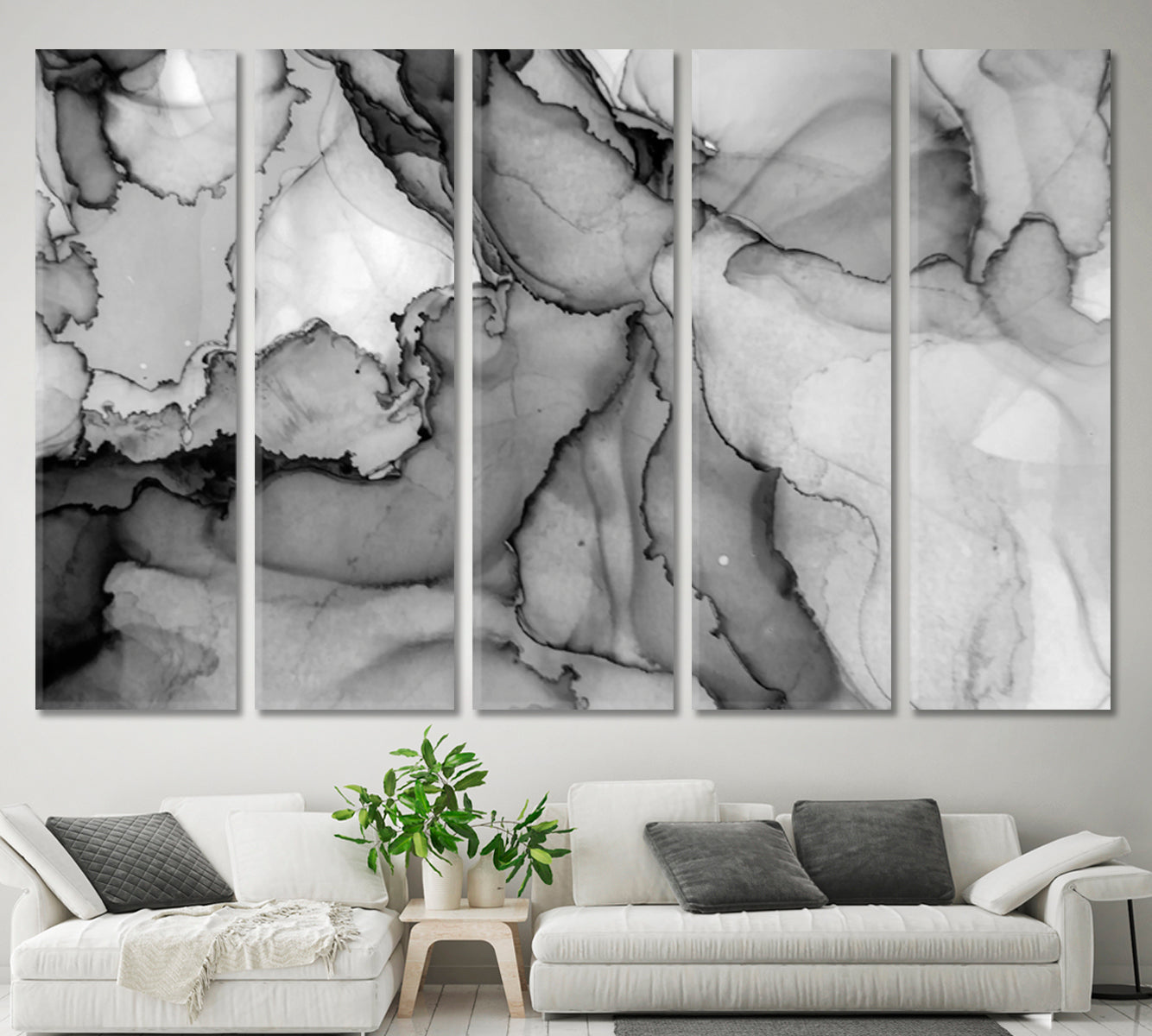 Smoky B & W Alcohol Ink Painting Transparent Marble Artistic Fluid Art, Oriental Marbling Canvas Print Artesty 5 panels 36" x 24" 