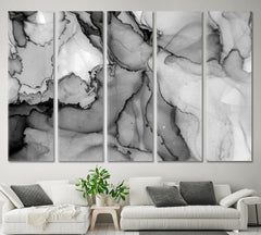 Smoky B & W Alcohol Ink Painting Transparent Marble Artistic Fluid Art, Oriental Marbling Canvas Print Artesty 5 panels 36" x 24" 