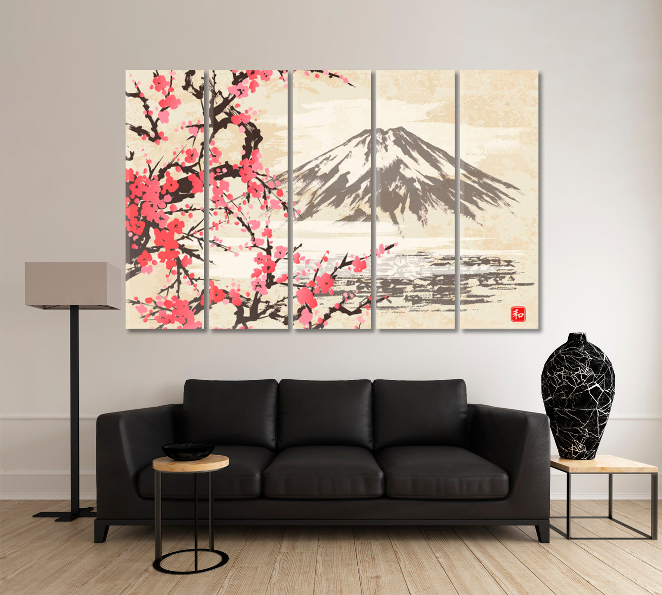 Oriental Style Mountain Fuji Sakura Japanese Cherry Blossom Trees HARMONY Canvas Print Asian Style Canvas Print Wall Art Artesty 5 panels 36" x 24" 