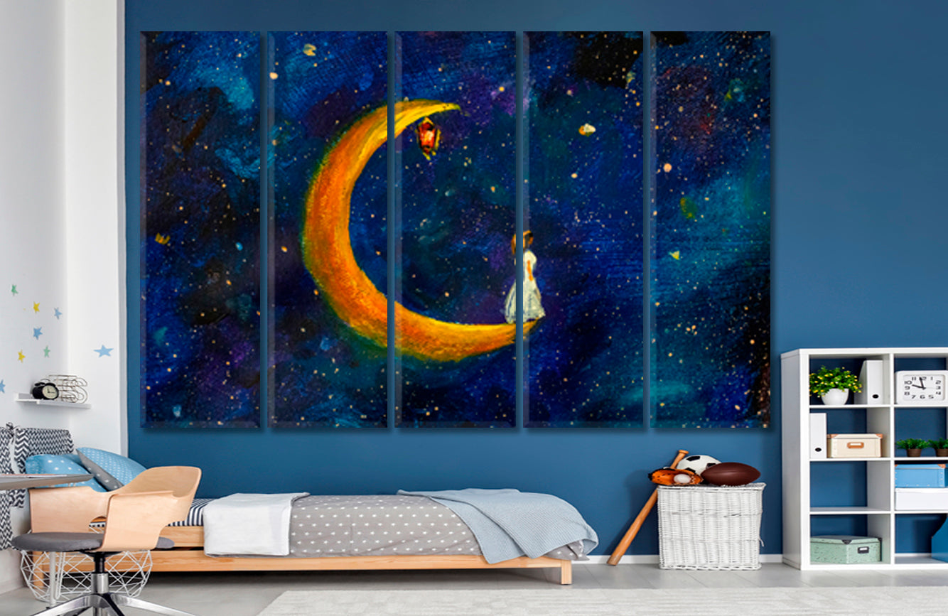 Girl on Big Moon Space Fabulous World Modern Art Impressionism Abstract Landscape Canvas Print Fine Art Artesty 5 panels 36" x 24" 