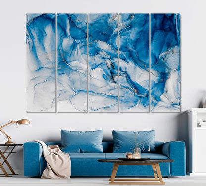 Liquid Fantasy Blue White Sky Tone Water Ink Spot Aquamarine Stains Fluid Art, Oriental Marbling Canvas Print Artesty 5 panels 36" x 24" 