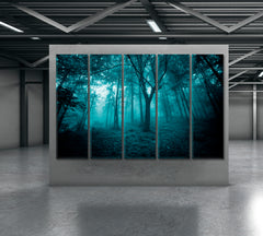 Mystic Turquoise Foggy Fairy Tale Forest Trees Landscape Nature Wall Canvas Print Artesty 5 panels 36" x 24" 