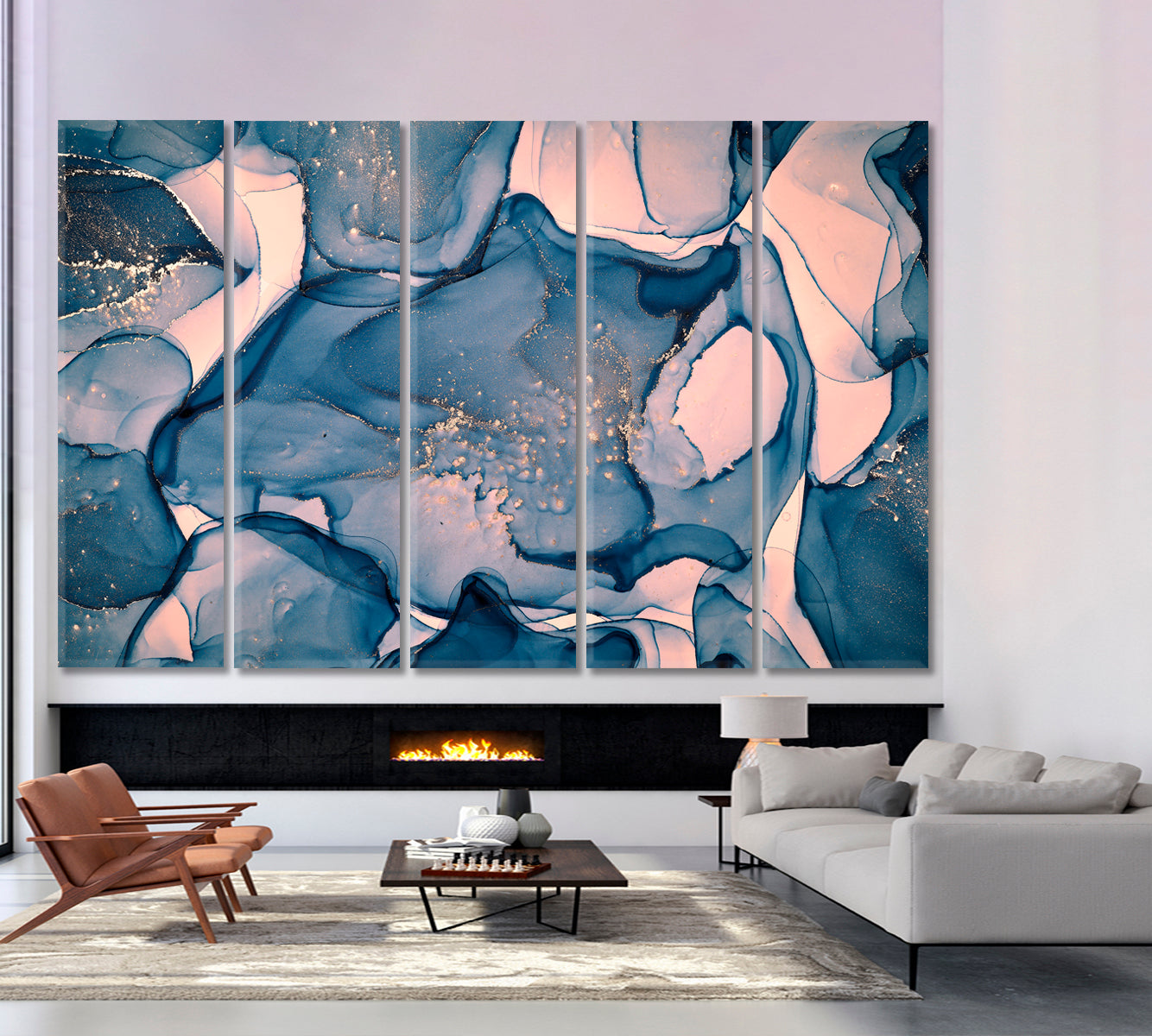 Oriental Marble Abstract Blue Fluid Art, Oriental Marbling Canvas Print Artesty 5 panels 36" x 24" 