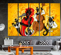 Music Jazz Musical Instruments Double Bass Saxophone Trumpet Music Wall Panels Artesty 5 panels 36" x 24" 