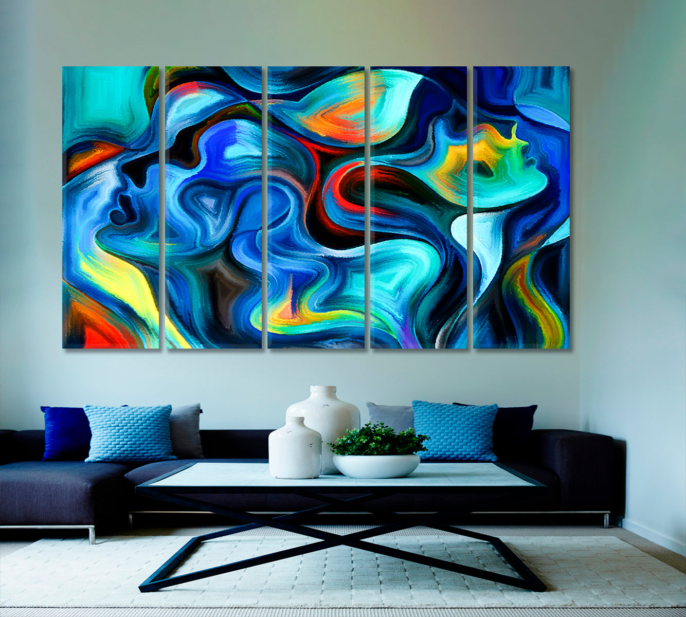 Unity, Surreal Human Profiles and Graceful Lines in Vivid Colors Consciousness Art Artesty 5 panels 36" x 24" 