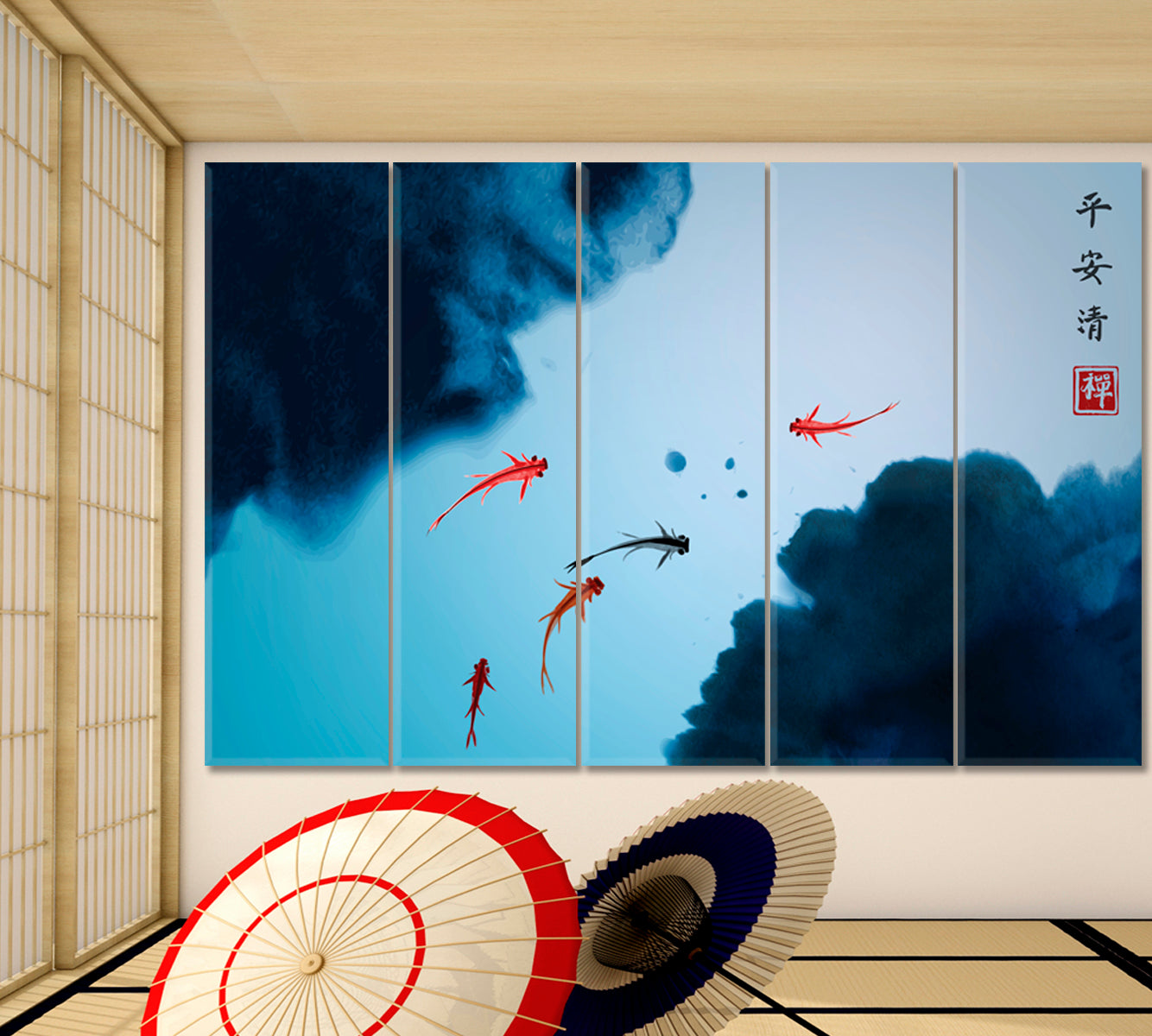 ZEN Luck to Your Home Japanese Traditional Ink Asian Style Canvas Print Wall Art Artesty 5 panels 36" x 24" 