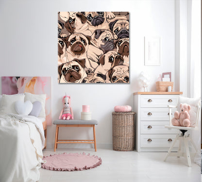 Funny Pugs Composition Sepia Art Style Humor Whimsical Animals Canvas Print - Square Panel Animals Canvas Print Artesty   