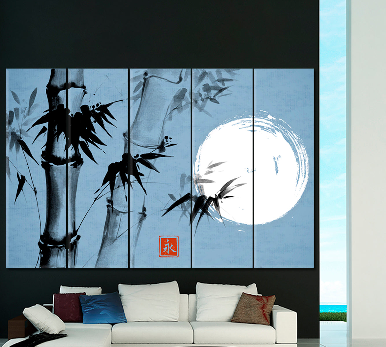 ZEN ETERNITY Bamboo Moon Traditional Japanese Sumi-e Ink Blue Asian Style Canvas Print Wall Art Artesty 5 panels 36" x 24" 