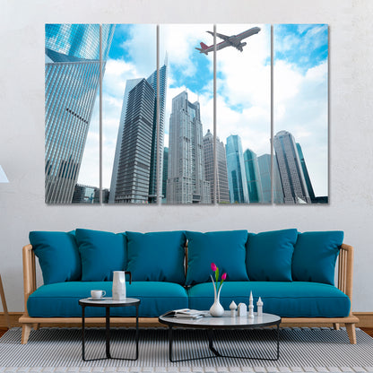 SHANGHAI Airplane Over Skyline Modern Buildings Cities Wall Art Artesty 5 panels 36" x 24" 