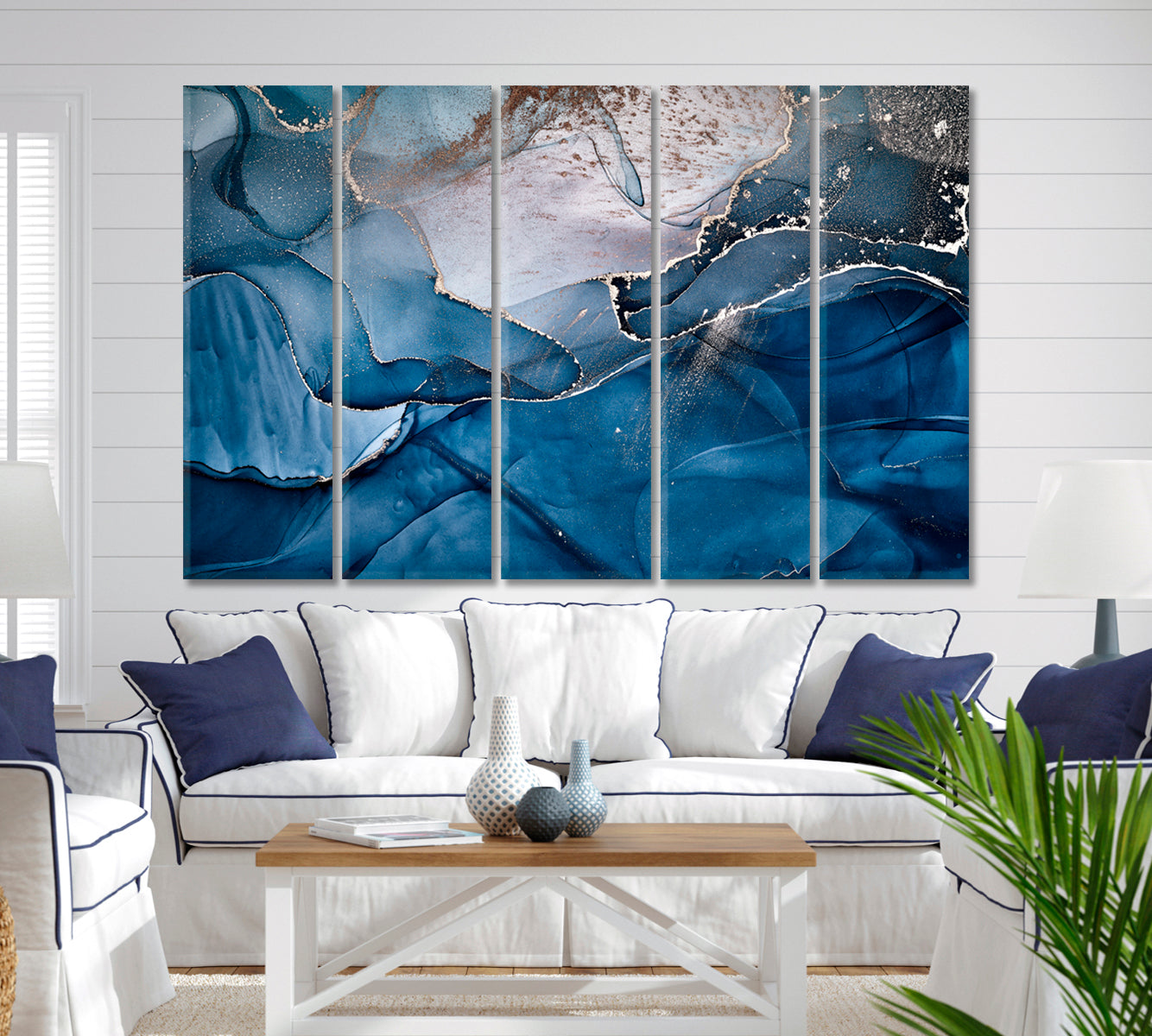 Dark Blue Alcohol Ink Clouds And Veins Modern Marble Fluid Art Fluid Art, Oriental Marbling Canvas Print Artesty 5 panels 36" x 24" 