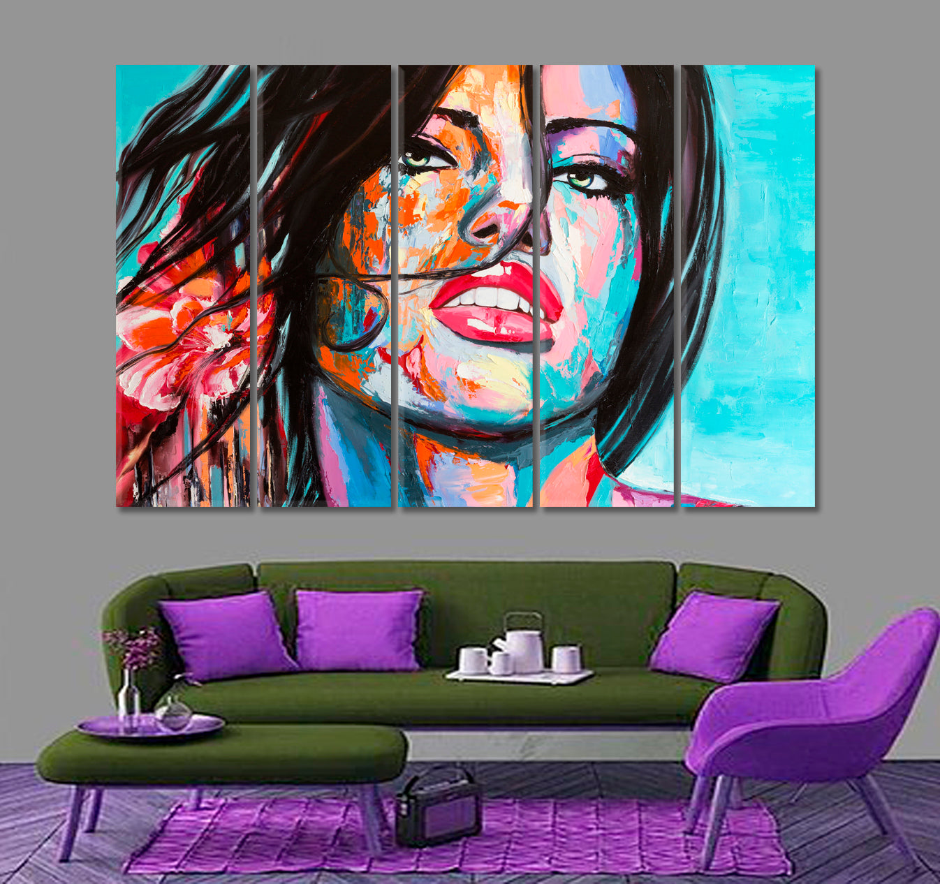 COLORFUL EMOTIONS Charming Young Woman Fantasy Girl Pop Art Style Trendy Art People Portrait Wall Hangings Artesty 5 panels 36" x 24" 