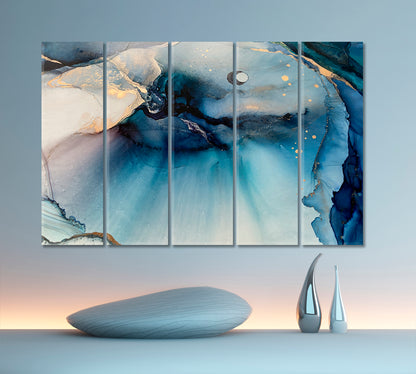 CONTEMPORARY Modern Abstract Acrylic Marble Blue Fluid Art, Oriental Marbling Canvas Print Artesty 5 panels 36" x 24" 